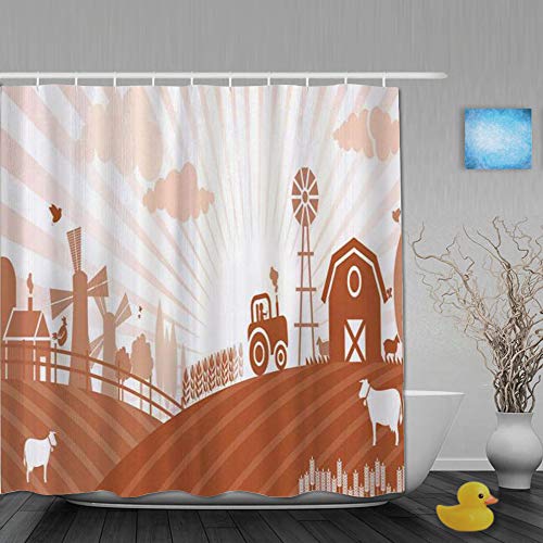 LKCDNG Cortina de Ducha Impermeable,Casas de Campo Multicolores y Molinos de Viento Campos de maíz y Trigo Vacas Imagen ilustrada,Cortinas de baño de poliéster con 12 Ganchos,tamaño 180 x 210cm