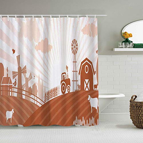 LKCDNG Cortina de Ducha Impermeable,Casas de Campo Multicolores y Molinos de Viento Campos de maíz y Trigo Vacas Imagen ilustrada,Cortinas de baño de poliéster con 12 Ganchos,tamaño 180 x 210cm