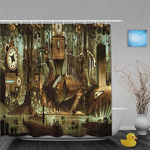 LKCDNG Cortina de Ducha Impermeable,Ciencia Ficción Maquinaria Reloj Steampunk Acero Industrial Ciudad Vintage,Cortinas de baño de poliéster de diseño 3D con 12 Ganchos,tamaño 180 x 210cm