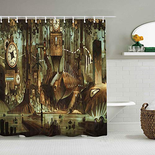 LKCDNG Cortina de Ducha Impermeable,Ciencia Ficción Maquinaria Reloj Steampunk Acero Industrial Ciudad Vintage,Cortinas de baño de poliéster de diseño 3D con 12 Ganchos,tamaño 180 x 210cm