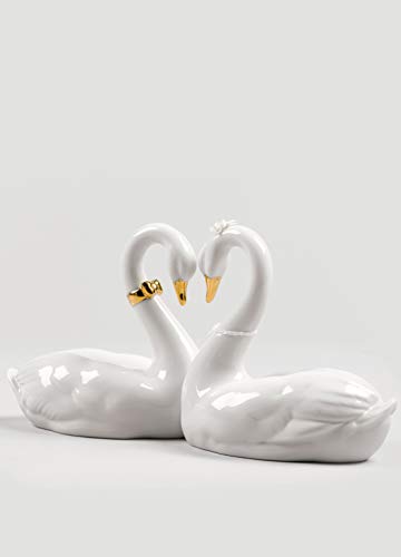 LLADRÓ Figura Cisnes Corazón Blanco. Lustre Dorado. Figura Cisne de Porcelana.