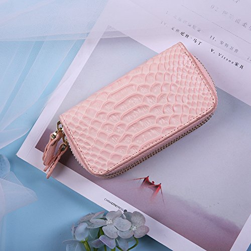 Llaves Piel Genuino Clave del Coche Titular de la Caja Monedero de la Carpeta Monedero de Llavero Cartera Doble Cremallera 6+1 Hooks 12 x 6.5cm Key Case Holder (Harina de Carne)