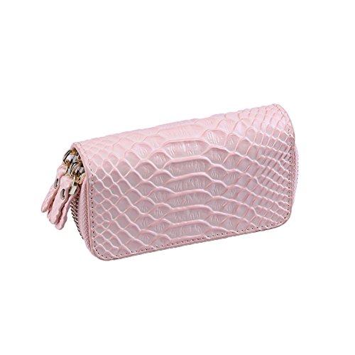 Llaves Piel Genuino Clave del Coche Titular de la Caja Monedero de la Carpeta Monedero de Llavero Cartera Doble Cremallera 6+1 Hooks 12 x 6.5cm Key Case Holder (Harina de Carne)