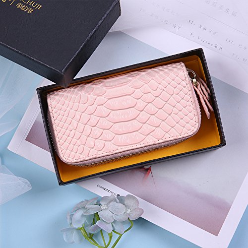 Llaves Piel Genuino Clave del Coche Titular de la Caja Monedero de la Carpeta Monedero de Llavero Cartera Doble Cremallera 6+1 Hooks 12 x 6.5cm Key Case Holder (Harina de Carne)