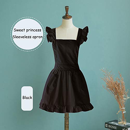 Lllunimon Petite Maid Retro Volante Delantal de algodón con Volantes Lindo cocinando Delantales Color sólido con Bolsillos,Negro