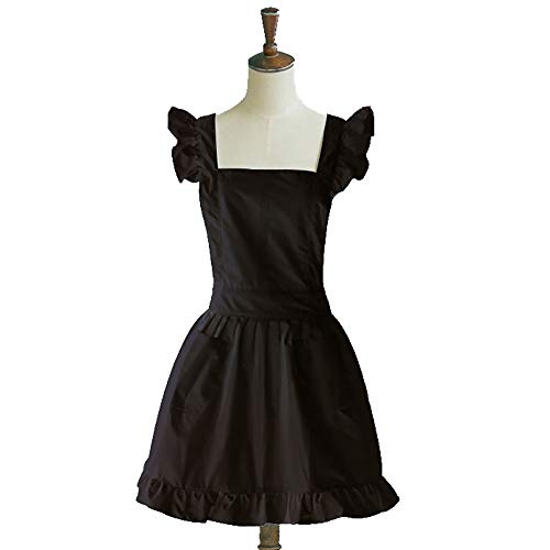 Lllunimon Petite Maid Retro Volante Delantal de algodón con Volantes Lindo cocinando Delantales Color sólido con Bolsillos,Negro