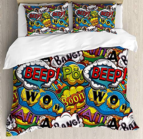 LnimioAOX Juego de sábanas de superhéroes, bocadillos Speech Bubbles Wow Comics con inusuales Efectos de Boyprint Lively, Juegos de Cama Decorativos con 3 Fundas de Almohada