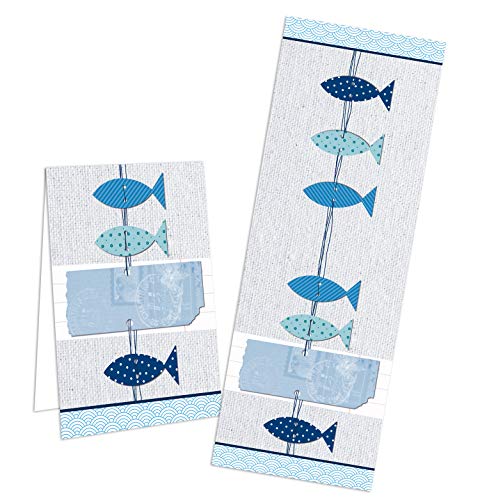 Logbuch-Verlag 10 cartas menú de color azul motivo peces - tarjetas para escribir y imprimir A5 - boda comunión confirmación