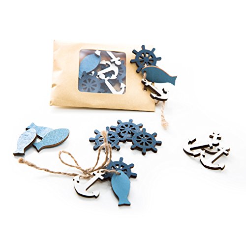 Logbuch-Verlag - Juego de elementos decorativos (diseño marítimo con 8 peces, 8 anchas y 8 timones, perfecto para decorar mesas de eventos como comuniones, madera)