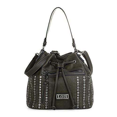 Lois - Bolso para Mujer Tipo Saco Bombón. Cierre Fruncido. con Asa al Hombro y Bandolera. Cuero PU y Remaches. Muy Amplio. para Compras o Viaje. Bonito y Práctico. 94482, Color Oliva