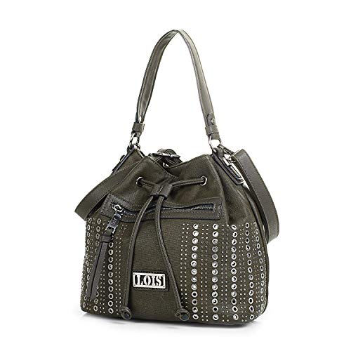 Lois - Bolso para Mujer Tipo Saco Bombón. Cierre Fruncido. con Asa al Hombro y Bandolera. Cuero PU y Remaches. Muy Amplio. para Compras o Viaje. Bonito y Práctico. 94482, Color Oliva