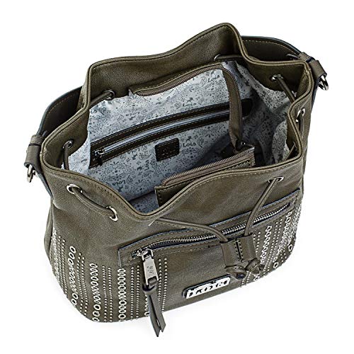 Lois - Bolso para Mujer Tipo Saco Bombón. Cierre Fruncido. con Asa al Hombro y Bandolera. Cuero PU y Remaches. Muy Amplio. para Compras o Viaje. Bonito y Práctico. 94482, Color Oliva
