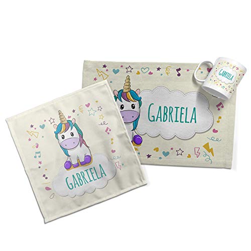 LolaPix Set Desayuno Infantil. Taza/Mantel/Servilleta Personalizados con Nombre y Texto. Varios Diseños a Elegir. Unicornio