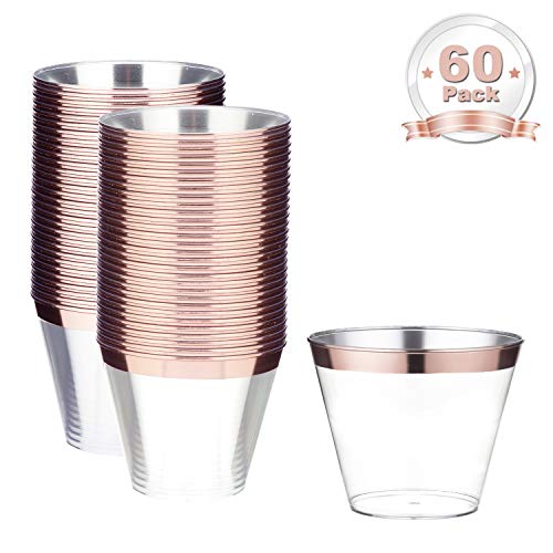 LOMOFI 260 ml Vasos de Plástico Reciclables, 60 Vasos de Plástico Duro Transparente - Lujoso Tazas De Boda Reciclables Tazas Elegantes del Partido - Oro Rosa