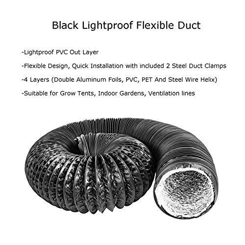 LOOTICH Fuerte Tubo Flexible de Aluminio PVC Ø150mm Longitud 2.5m para Extractor de Aire Climatización Secadora Conducto de Aire de Ventilación Sistemas con 2 Abrazaderas de Acero Negro