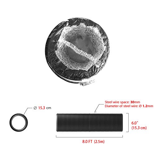 LOOTICH Fuerte Tubo Flexible de Aluminio PVC Ø150mm Longitud 2.5m para Extractor de Aire Climatización Secadora Conducto de Aire de Ventilación Sistemas con 2 Abrazaderas de Acero Negro