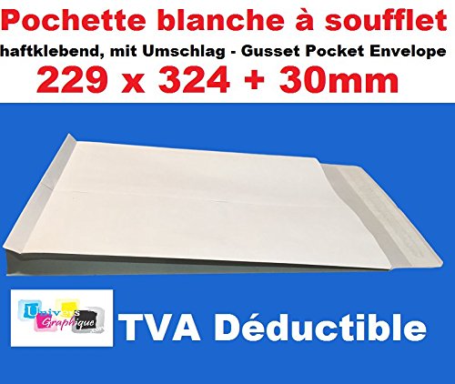 Lot de 100 enveloppe - pochette BLANCHE a soufflet C4 229 X 324 + 30 MM papier kraft blanc 120g fermeture bande adhésive autocollante siliconée - sac a soufflet grande contenance fond renforcé