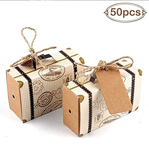 Lote de 50 Cajas para Detalles de Boda Maleta + 50 Pcs Etiquetas Kraft Vintage - Cajitas Originales Travel Viaje para Regalos y Detalles de Bodas, Caramelos, Bombones