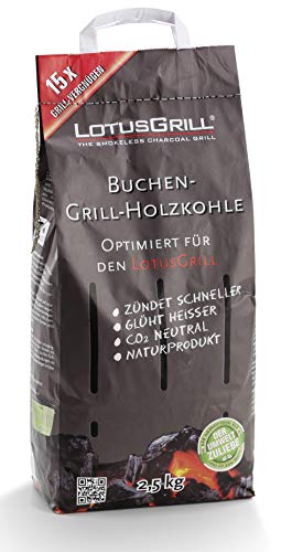 Lotus-Grill Bolsa de carbón Vegetal de Haya, 2,5 kg, Incluye Pasta Combustible LotusGrill de 500 ml, ambas diseñadas para Asar sin Humo con LotusGrill
