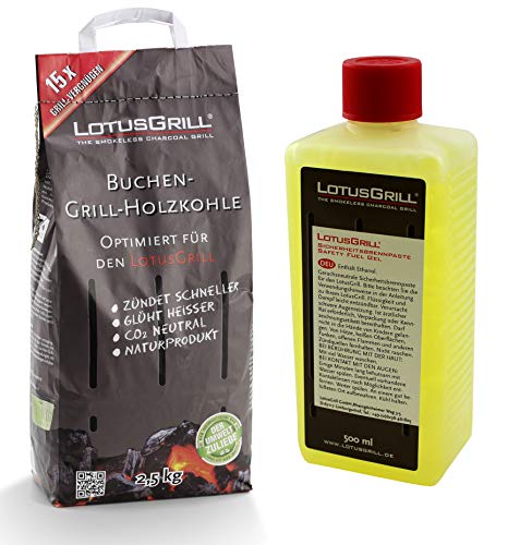 Lotus-Grill Bolsa de carbón Vegetal de Haya, 2,5 kg, Incluye Pasta Combustible LotusGrill de 500 ml, ambas diseñadas para Asar sin Humo con LotusGrill