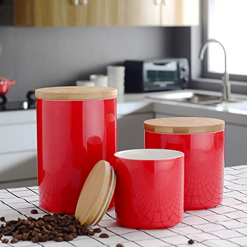 LOVECASA Tarros de Almacenamiento de Porcelana 3 unds, con Tapas de Bambú Anillo de Sellado de Silicona, Contenedor Alimentos para servir Azúcar, Té, Café, Bocadillos,1200ml, 800ml, 400ml Rojo