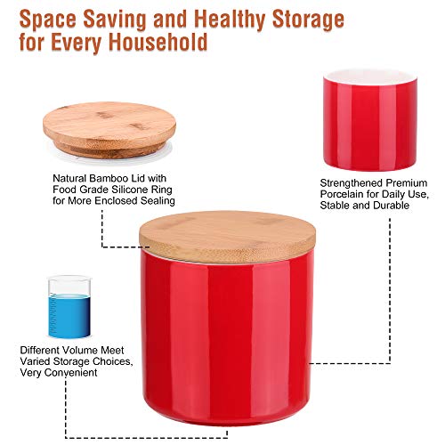 LOVECASA Tarros de Almacenamiento de Porcelana 3 unds, con Tapas de Bambú Anillo de Sellado de Silicona, Contenedor Alimentos para servir Azúcar, Té, Café, Bocadillos,1200ml, 800ml, 400ml Rojo