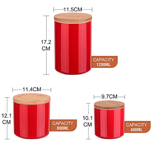 LOVECASA Tarros de Almacenamiento de Porcelana 3 unds, con Tapas de Bambú Anillo de Sellado de Silicona, Contenedor Alimentos para servir Azúcar, Té, Café, Bocadillos,1200ml, 800ml, 400ml Rojo