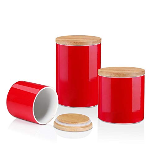 LOVECASA Tarros de Almacenamiento de Porcelana 3 unds, con Tapas de Bambú Anillo de Sellado de Silicona, Contenedor Alimentos para servir Azúcar, Té, Café, Bocadillos,1200ml, 800ml, 400ml Rojo