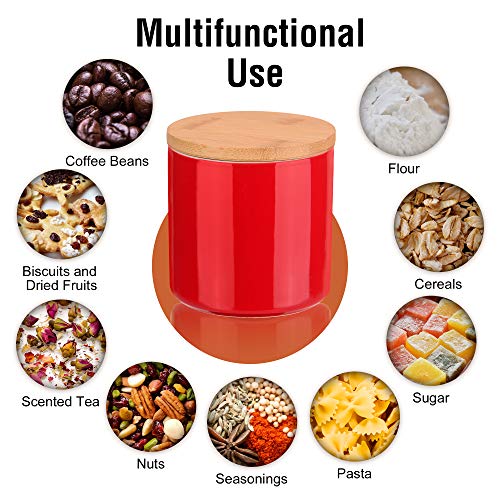 LOVECASA Tarros de Almacenamiento de Porcelana 3 unds, con Tapas de Bambú Anillo de Sellado de Silicona, Contenedor Alimentos para servir Azúcar, Té, Café, Bocadillos,1200ml, 800ml, 400ml Rojo