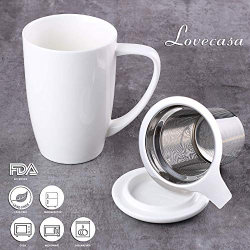LOVECASA Tazas de Té con Tapa y Filtro Acero inoxidable 450 ML, Tisana de Porcelana Blanco