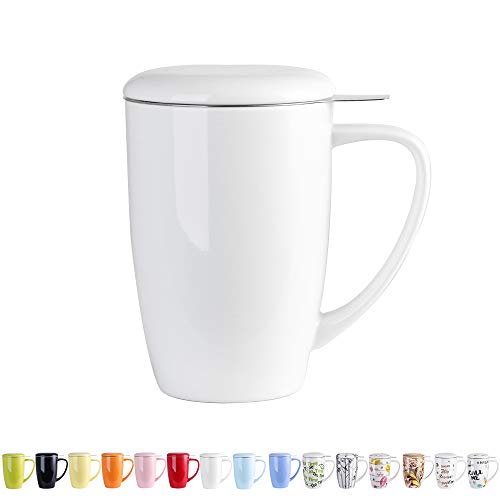 LOVECASA Tazas de Té con Tapa y Filtro Acero inoxidable 450 ML, Tisana de Porcelana Blanco