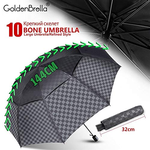 Love+dj Paraguas Automático Plegable, 144 cm Doble Capa Oscura cuadrícula Paraguas de la Lluvia de Las Mujeres de los Hombres 4Folding 10Ribs a Prueba de Viento de la Familia de neg