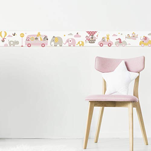 lovely label, cenefa autoadhesiva, 450 x 11.5 cm, diseño excursión de los animales, color rosa/beige/amarillo