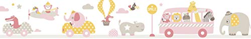 lovely label, cenefa autoadhesiva, 450 x 11.5 cm, diseño excursión de los animales, color rosa/beige/amarillo