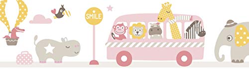 lovely label, cenefa autoadhesiva, 450 x 11.5 cm, diseño excursión de los animales, color rosa/beige/amarillo