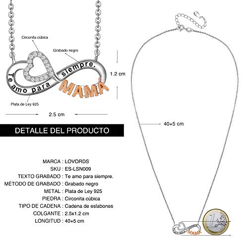 LOVORDS Collar Mujer Grabado Plata de Ley 925 Colgante Mamá y Corazón Infinito Regalo Madre