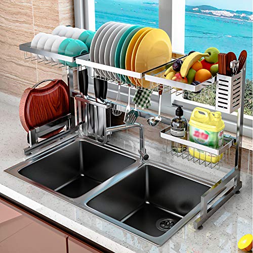 L&T sobre El Fregadero Escurreplatos Baldas Cocina,Acero Inoxidable Escurridor De Platos con Soporte For Utensilios Estante para Platos Organizador Encimera Plata 91cm(36inch)