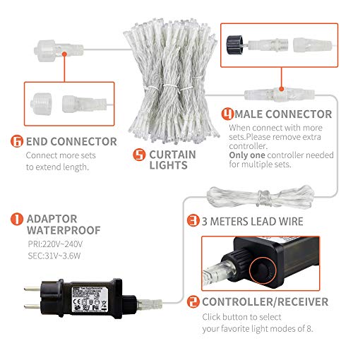 Luces de Cadena de Cortina, 3x3㎡ 300 Luces de Cadena de Ventana LED Impermeables 31V, para Ambientes de Bodas al Aire Libre, Fiesta, Navidad, Decoración de Dormitorio, Blanco Cálido