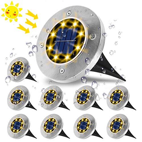 Luces Solares para Exterior,VIFLYKOO Luz Focos led Exterior Solar Luz de Jardin IP65 impermeable Lámpara de exterior acero inoxidable para césped Camino Patio Jardín Lámpara -Blanco cálido