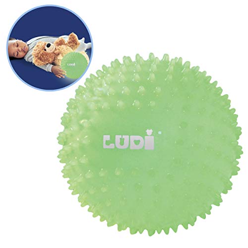 LUDI - Pelota sensorial fosforescente para Despertar al bebé A Partir de 6 Meses. Pequeños Tacos Duros. Pelota de Juego o de Masaje fácil de agarrar Luz Nocturna pequeña Diámetro: 15 cm - Ref. 30025