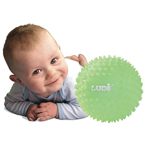 LUDI - Pelota sensorial fosforescente para Despertar al bebé A Partir de 6 Meses. Pequeños Tacos Duros. Pelota de Juego o de Masaje fácil de agarrar Luz Nocturna pequeña Diámetro: 15 cm - Ref. 30025