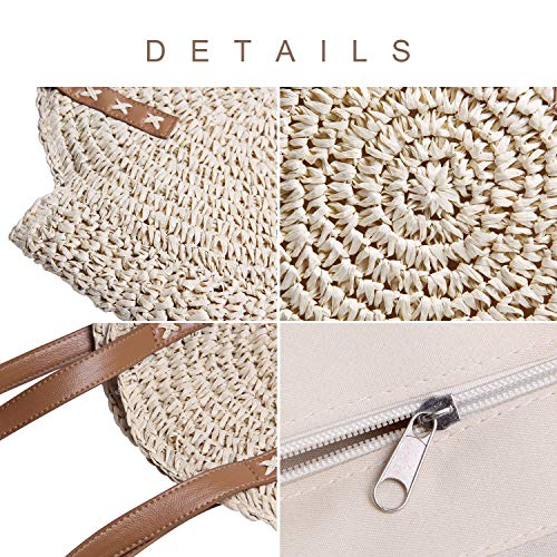 LUI SUI Bolso bandolera redondo de paja natural Bolso de hombro de tejido hecho a mano para mujer Bolsos y monedero de playa de verano