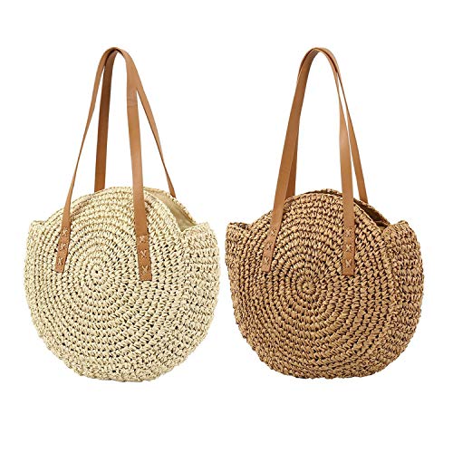 LUI SUI Bolso bandolera redondo de paja natural Bolso de hombro de tejido hecho a mano para mujer Bolsos y monedero de playa de verano