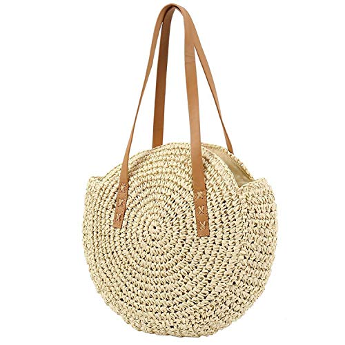 LUI SUI Bolso bandolera redondo de paja natural Bolso de hombro de tejido hecho a mano para mujer Bolsos y monedero de playa de verano