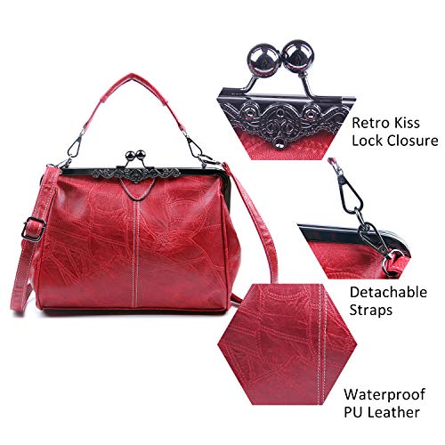 LUI SUI Bolso Retro de Mujer, Monedero de Cuero de PU Bolso de asa Superior Vintage Bolso de Hombro Crossbody Kiss Lock para Damas