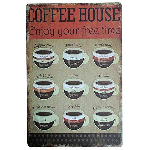 Lumanuby - 1 Placa metálica de Diferentes Tipos de café y su Nombre con Texto Coffee House para cafetería, Restaurante, Bar, póster, tamaño 20 x 30 cm