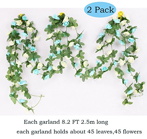 LumenTY 2 paquetes de flores artificiales de 2.5 m Vine Rose Garland Seda Flores falsas Decoración colgante para Oficina del hotel Jardín Fiesta casera Boda Festival Decoración - Azul y Blanco
