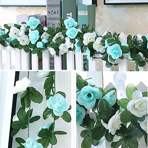 LumenTY 2 paquetes de flores artificiales de 2.5 m Vine Rose Garland Seda Flores falsas Decoración colgante para Oficina del hotel Jardín Fiesta casera Boda Festival Decoración - Azul y Blanco