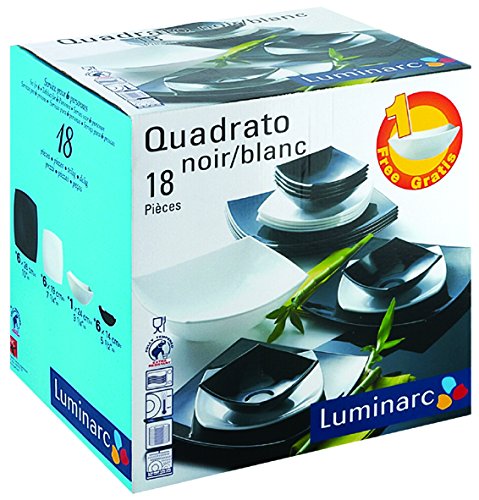 Luminarc Vajilla Cuadrada 18 Piezas Más Ensaladera Modelo Quadrato Blanco Y Negro combinadas, Vidrio sodo, Centimeters