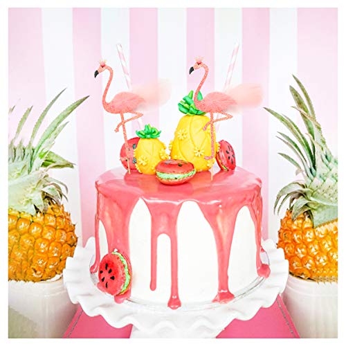 LUOEM Topperitos de Pastel de Flamenco Rosado Decoración con Adorno de Pastel de Papel con Purpurina Rosa para la Fiesta en la Playa de Bodas de cumpleaños de Luau Hawaiano, Paquete de 6